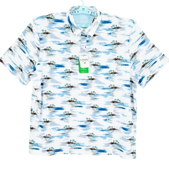 Chaps Golf Mens 4-Way Stretch Super Soft Printed Bright White Polo Shirt 2XL NWT - Picture 1 of 11